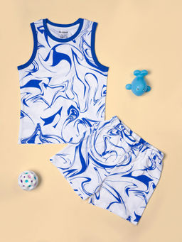 Be Awara - Boys Blue Marble Print Sleeveless T-Shirt with Shorts (Set of 2)