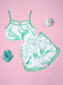 Be Awara - Girls Green Marble Print Crop Cami Top with Shorts (Set of 2)