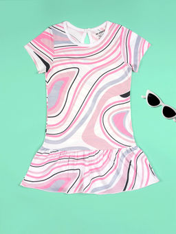 Be Awara - Girls Pink Abstract Print Fit & Flared Dress