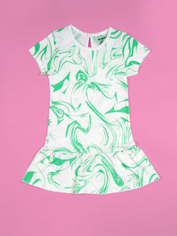 Be Awara - Girls Green Abstract Print Half Sleeves Fit & Flared Dress