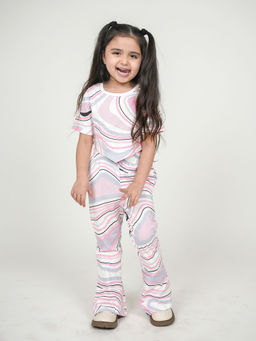 Be Awara - Girls Multicolor Marble Print Hem T-Shirt with Flared Leg Pant (Set of 2)