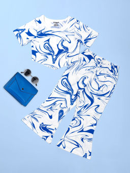 Be Awara - Girls Blue Marble Print Hem T-Shirt with Flared Leg Pant (Set of 2)