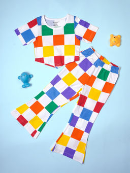 Be Awara - Girls Colorful Checkered Pattern Hem T-Shirt with Flare Leg Pant (Set of 2)
