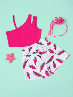 Be Awara - Girls Leaf Print One Shoulder Strap Top with Shorts (Set of 2)