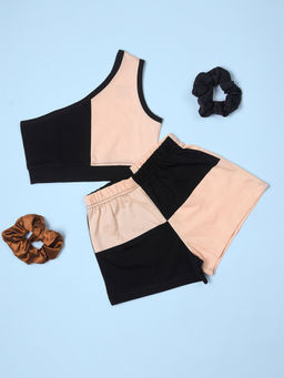 Be Awara - Girls Color Block Off Shoulder Tank Top with Shorts (Set of 2)