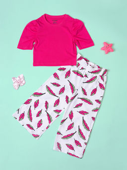 Be Awara - Girls Leaf Print Puff Sleeves T-Shirt with Wide Leg Pant (Set of 2)