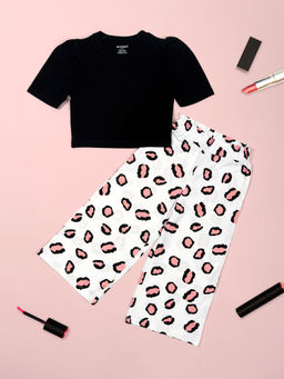 Be Awara - Girls Leopard Print Puff Sleeves T-Shirt with Wide Leg Pant (Set of 2)