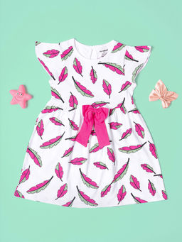 Be Awara - Girls Pink Bow Leaf Pattern Ruffle Trim White Dress