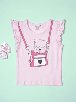 Be Awara - Girls Cute Cat Print Ruffle Trim Flared Sleeves Top