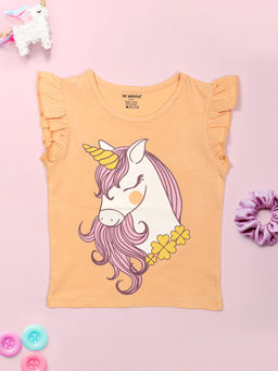 Be Awara - Girls Unicorn Print Ruffle Trim Flared Sleeves Top