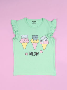 Be Awara - Girls Meow Print Ruffle Trim Flared Sleeves Top