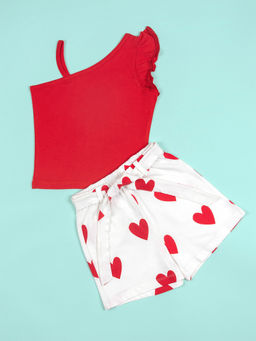 Be Awara - Girls One Shoulder Ruffle Trim Top & Heart Print Belted Shorts (Set of 3)