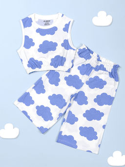 Be Awara - Girls Cloud Print Sleeveless Crop Top with Culottes (Set of 2)
