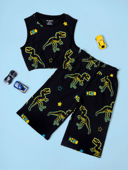 Be Awara - Girls Neon Dino Pattern Sleeveless Crop Top with Culottes (Set of 2)