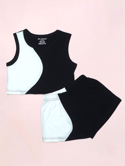 Be Awara - Girls Black & White Color Block Tank Top and Shorts (Set of 2)