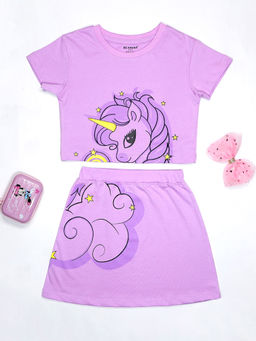 Be Awara - Girls Unicorn Print T-Shirt with Skirt (Set of 2)