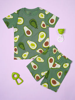 Be Awara - Cotton Half Sleeves Avocado Pattern T-Shirt with Shorts (Set of 2)