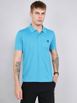 Rock.it - Regular Fit Blue Half Sleeve Polo Neck Jacquard T-Shirt