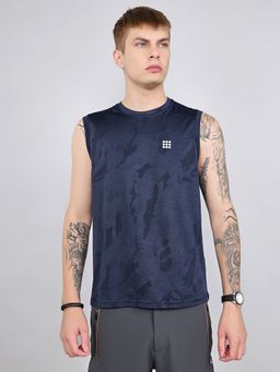 Rock.it - Navy Blue Regular Fit Sleeveless Jacquard T-Shirt