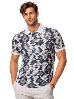 Glito - Grey Poly Cotton Regular Fit Geometric Printed Polo T-Shirt