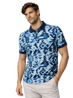 Glito - Navy Blue Poly Cotton Regular Fit Geometric Printed Polo T-Shirt