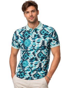 Glito - Blue Poly Cotton Regular Fit Geometric Printed Polo T-Shirt