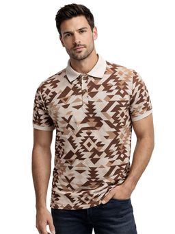 Glito - Beige Poly Cotton Regular Fit Geometric Printed Polo T-Shirt