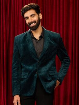 Vastramay - Bottle Green Velvet Stone Work Embellished Blazer