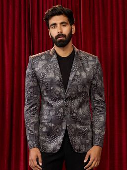 Vastramay - Black Velvet Digital Print Abstract Blazer