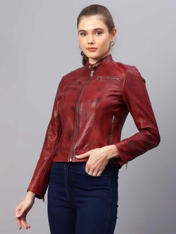 Saint G - Burgundy Solid Leather Jacket