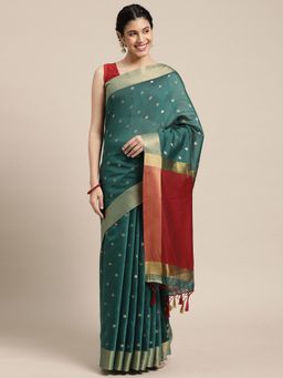 Mimosa - Women's Kanjivaram Art Silk Teal Saree with Unstitched Blouse
