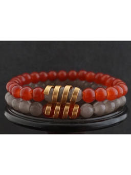 Suhani Pittie - Gold Plated Scrolled Red & Grey Glass Beads Distance Bracelet (Set Of 2)