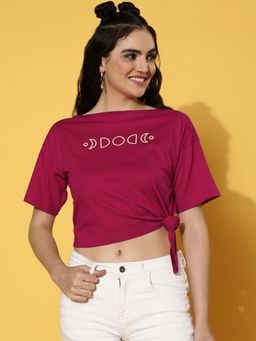 JUNEBERRY - Women Maroon Boat Neck Half Sleeves Regular Fit Graphic T-Shirt