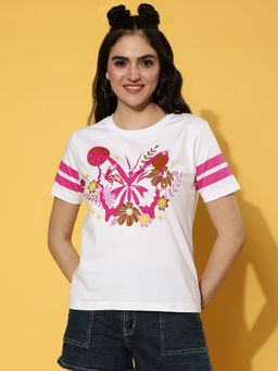 JUNEBERRY - Women White Round Neck Half Sleeves Regular Fit Graphic T-Shirt