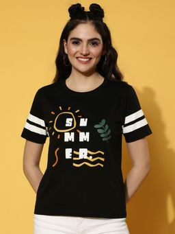 JUNEBERRY - Women Black Round Neck Half Sleeves Regular Fit Graphic T-Shirt