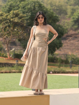 RUIAAN - Beige Polka Dot Waist Cut Out Maxi Dress