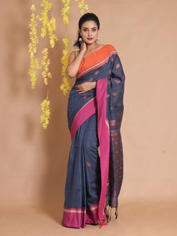 CHARUKRITI - Spruce Blue Cotton Handwoven Zari & Dual Borders Saree with Unstitched Blouse
