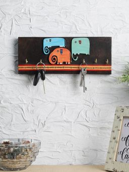VarEesha - Multicolored Elephant Family Trio Key Holder - Horizontal with 5 Pegs