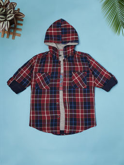 RIDOKIDZ - Maroon Checks Hooded Shirt with T-Shirt (Set of 2)