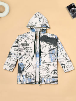 RIDOKIDZ - White Printed Hooded Zipper Jacket with T-Shirt (Set of 2)