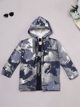 RIDOKIDZ - Blue Printed Hooded Zipper Jacket with T-Shirt (Set of 2)