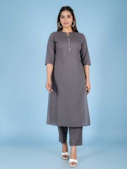 ARAMYA - Soft Cotton Straight Solid Grey Kurta with Pant (Set of 2)