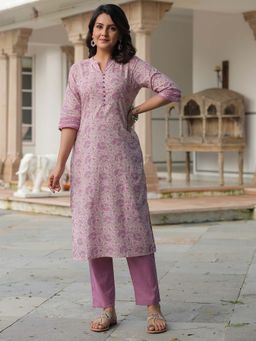 ARAMYA - Soft Cotton Straight Floral Print Pink Kurta with Pant (Set of 2)