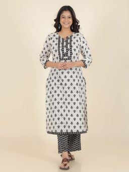 ARAMYA - Soft Cotton Straight Ikat Print White Kurta with Pant (Set of 2)
