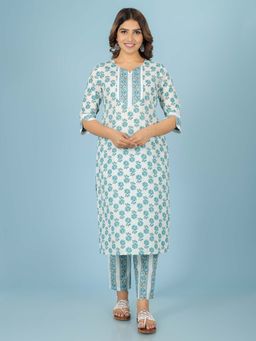 ARAMYA - Soft Cotton Straight Floral Print White Kurta with Pant (Set of 2)