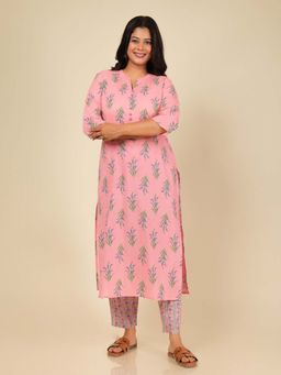 ARAMYA - Soft Cotton Straight Floral Print Pink Kurta with Pant (Set of 2)