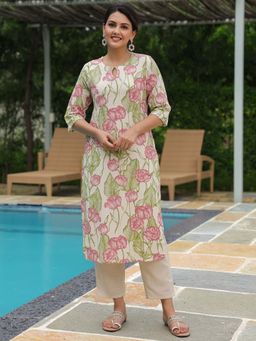 ARAMYA - Linen Cotton Straight Floral Print Cream Kurta with Pant (Set of 2)