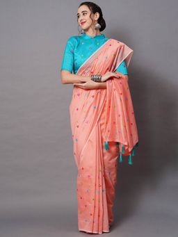 Odette - Peach Festive Linen Blend Embellished Saree with Unstitched Blouse