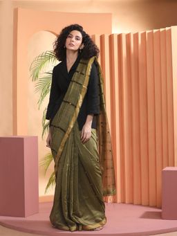 Beatitude - Sap Green Handloom Resham Matka Saree with Unstitched Blouse
