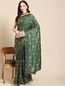Odette - Green Silk Printed Saree with Unstitched Blouse